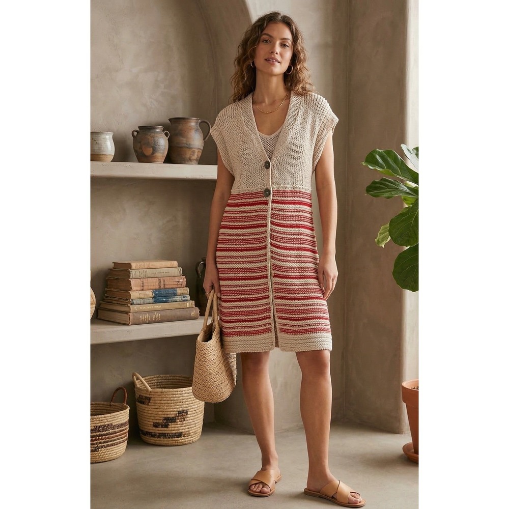 Free People Women's Striped Chunky Knit Longline Sweater Dress Size L Beige Red‎
